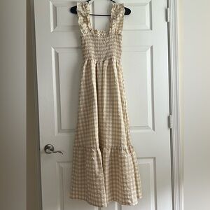 Chouyatou Tan & White Gingham Cottagecore Smocked Shirred Maxi Dress Medium